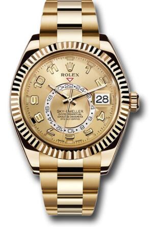 Replica Rolex Yellow Gold Sky-Dweller Watch 326938 Champagne Sunray Arabic Dial - Oyster Bracelet - Click Image to Close
